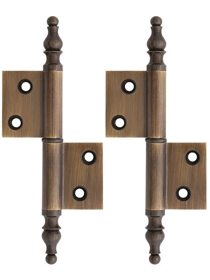 Pair of Solid Brass Steeple Tip Left-Hand Flag Hinges - 2 1/2 inch x 1 3/4 inch in Antique Brass.